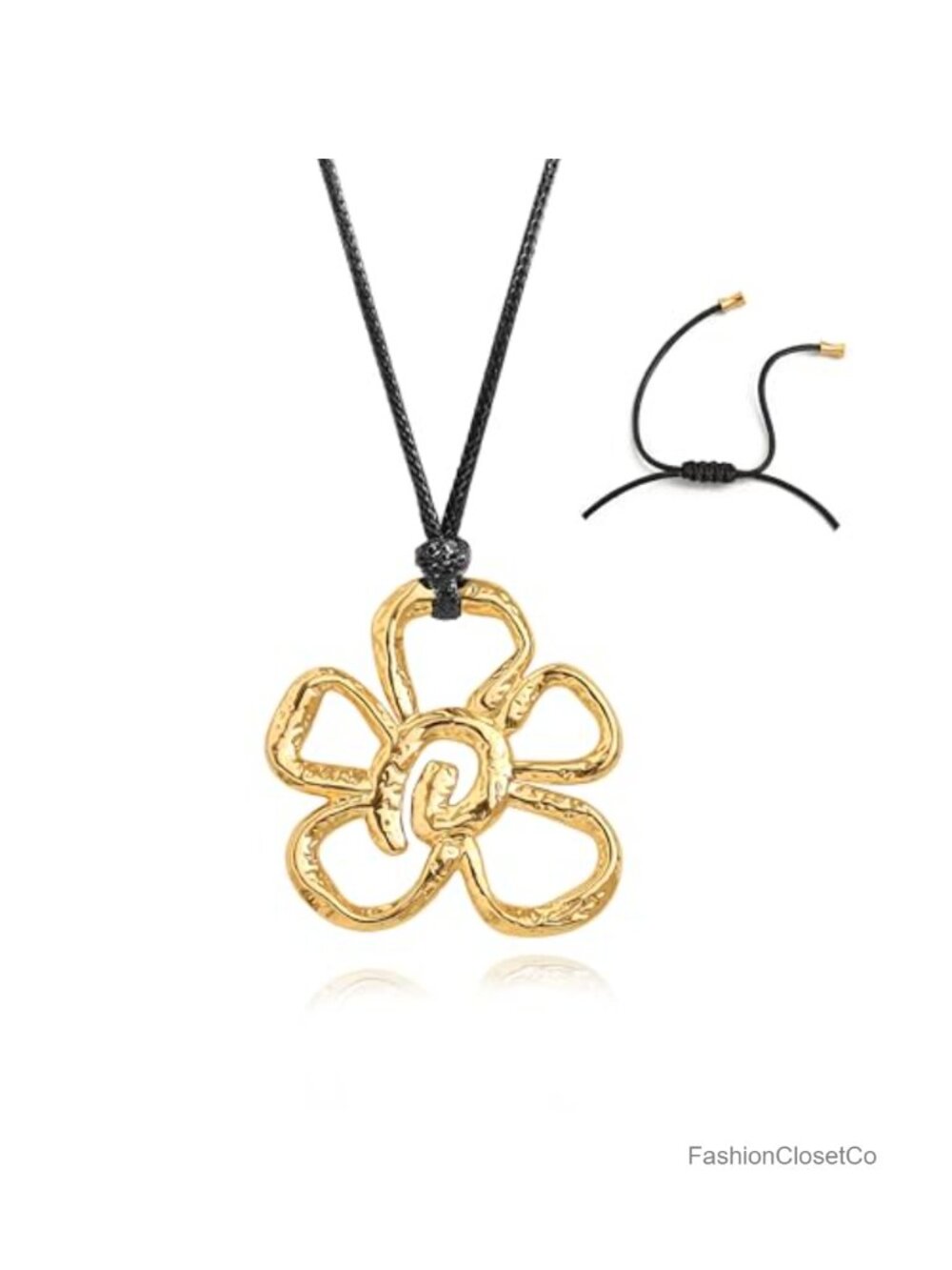 PEARLADA Gold Plated Flower Pendant Necklace Faux Leather Cord Adjustable